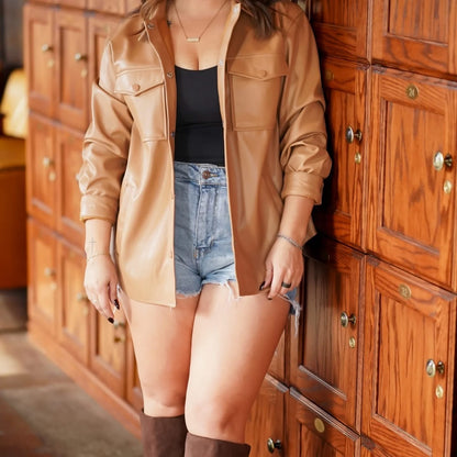 Camel Faux Leather Button-Up