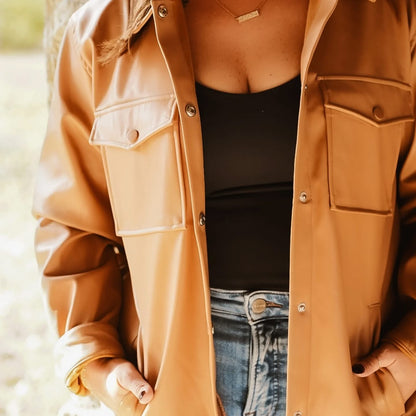 Camel Faux Leather Button-Up