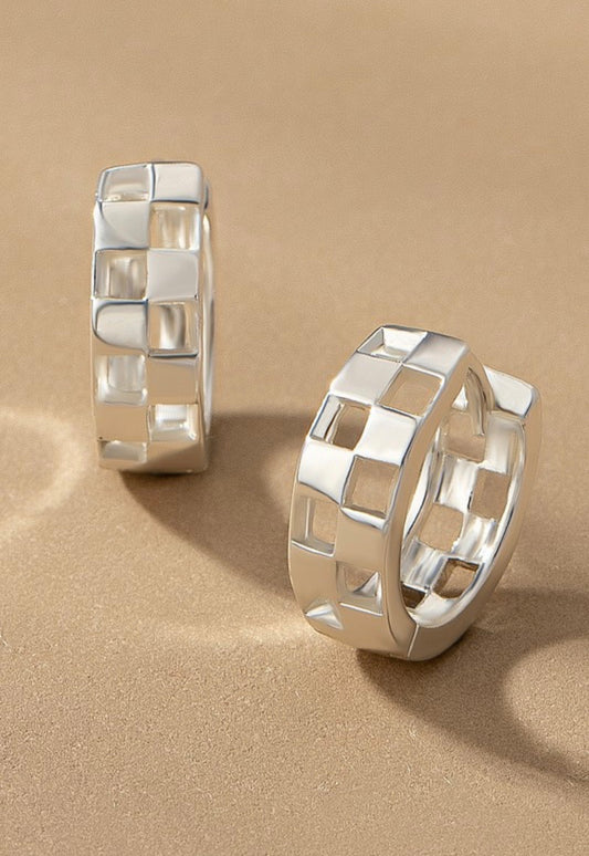 Silver Checkered Huggie Hoops